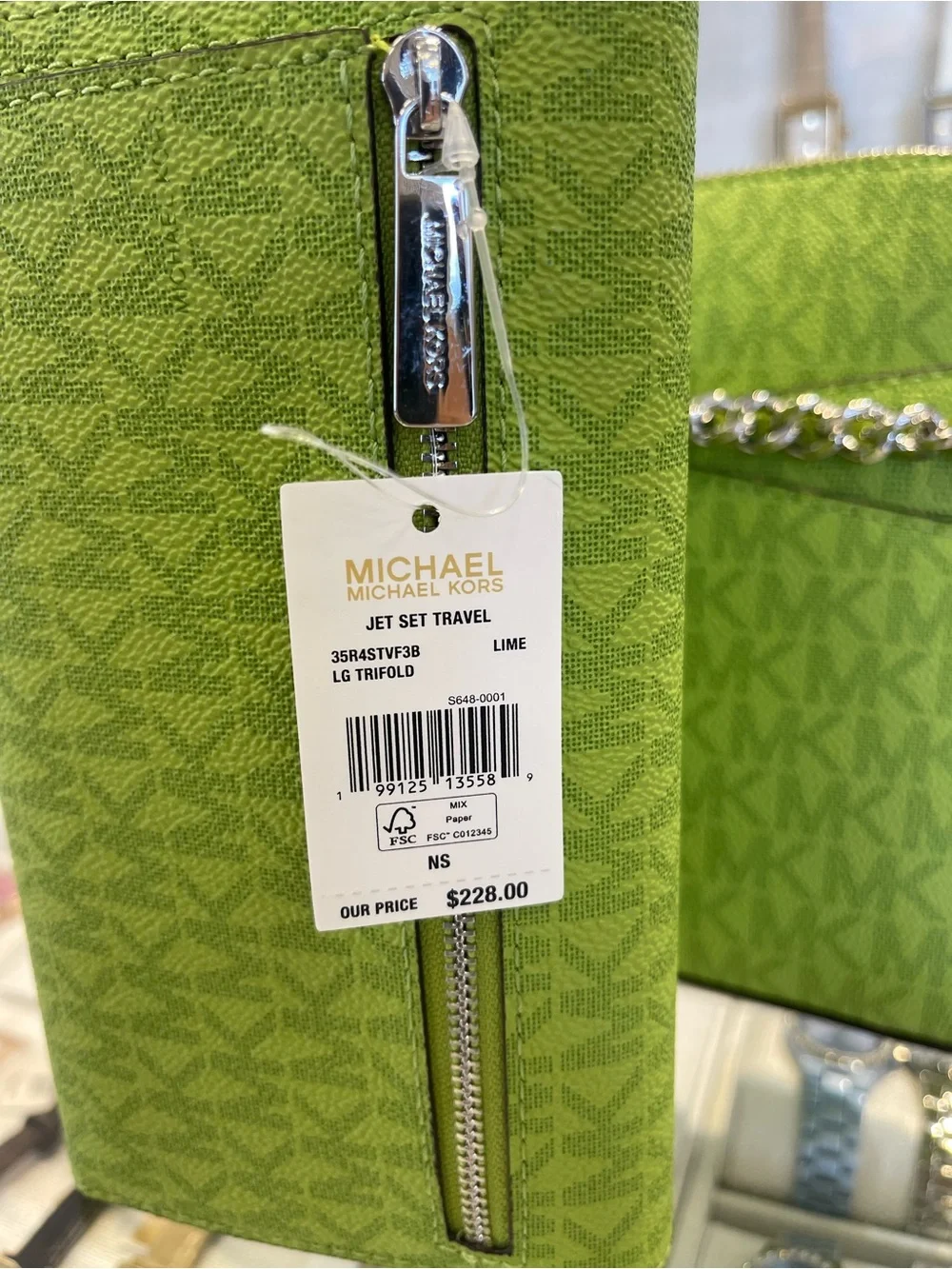 Michael KORS Jet Set Large Signature Logo Tri-Fold Wallet Trifold Lime NWT